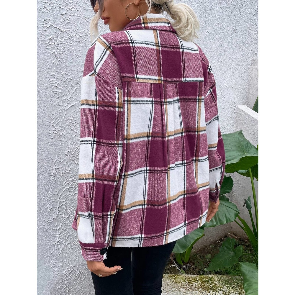 Plaid Flap Pocket boyfriend shacket trucker jacket navy blue tan white - Picture 6 of 16